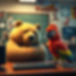 A large, sleepy bear and a small, alert parrot symbolizing ROM and RAM in a fun classroom setting, with Disney movie imagery in the background.