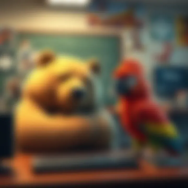 A large, sleepy bear and a small, alert parrot symbolizing ROM and RAM in a fun classroom setting, with Disney movie imagery in the background.