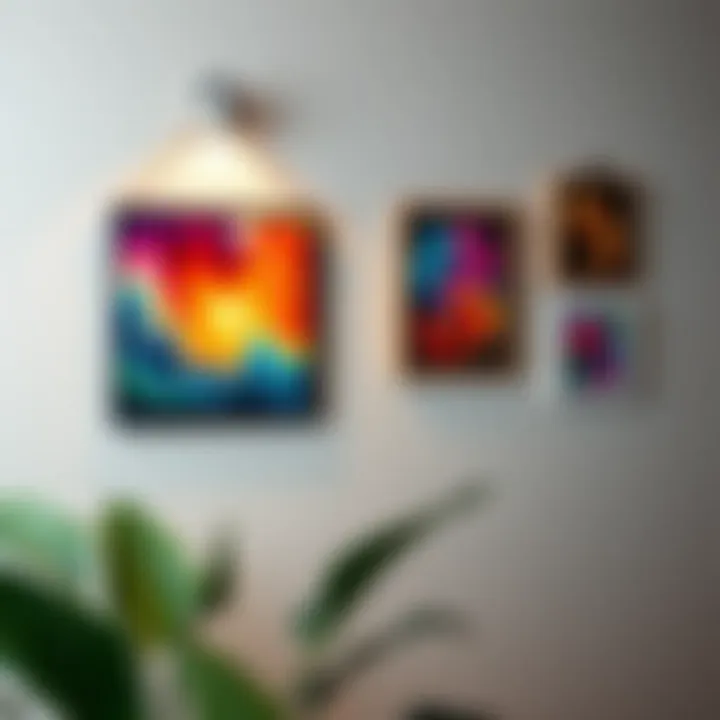 Colorful Displates art mounted on a textured wall with alternative hanging methods