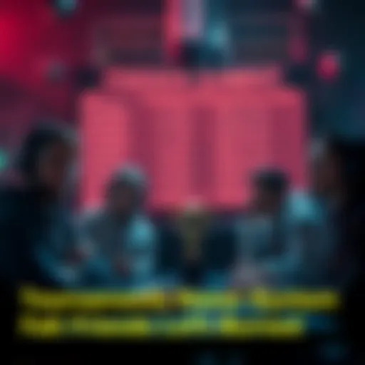 A group of friends look frustrated after being disqualified from a gaming tournament, with an empty scoreboard in the background and a trophy on a table nearby.