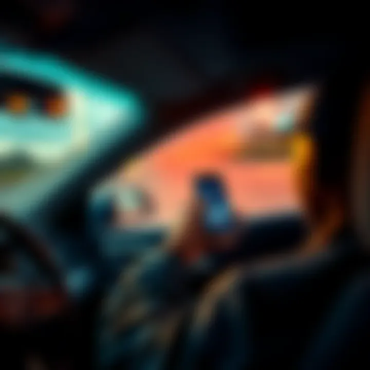 A driver holding a phone while steering a car on Rakai Road, showing the dangers of distractions while driving