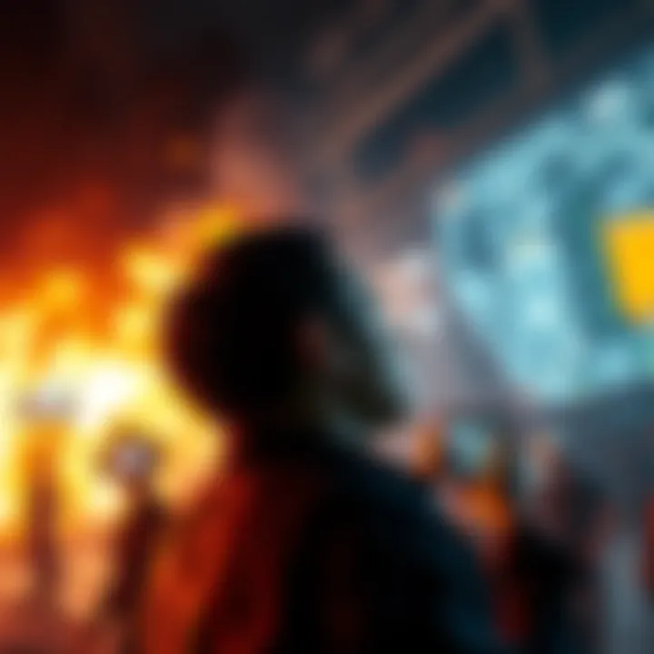 A person intently focused on a terminal screen while chaos unfolds around them, illustrating the dangers of distraction during emergencies.