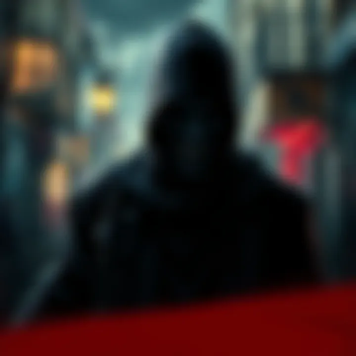 A shadowy figure with unsettling features, representing a morally ambiguous character in a video game, set against a gritty urban background.