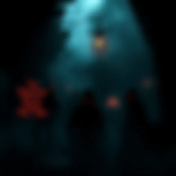 A dark and eerie game environment with shadows and creepy figures lurking in the background