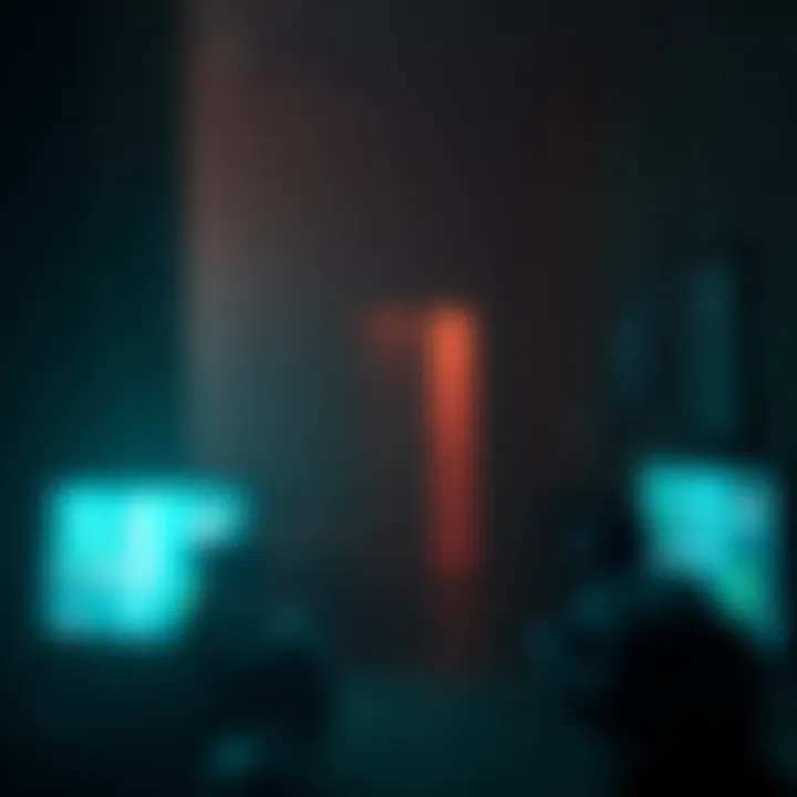 A dark, eerie room with flickering lights, a shadowy figure lurking in the corner, and unsettling game graphics on a screen.
