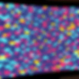 A close-up view of a gaming screen showing visual noise caused by dithering effects, with color blocks blending poorly