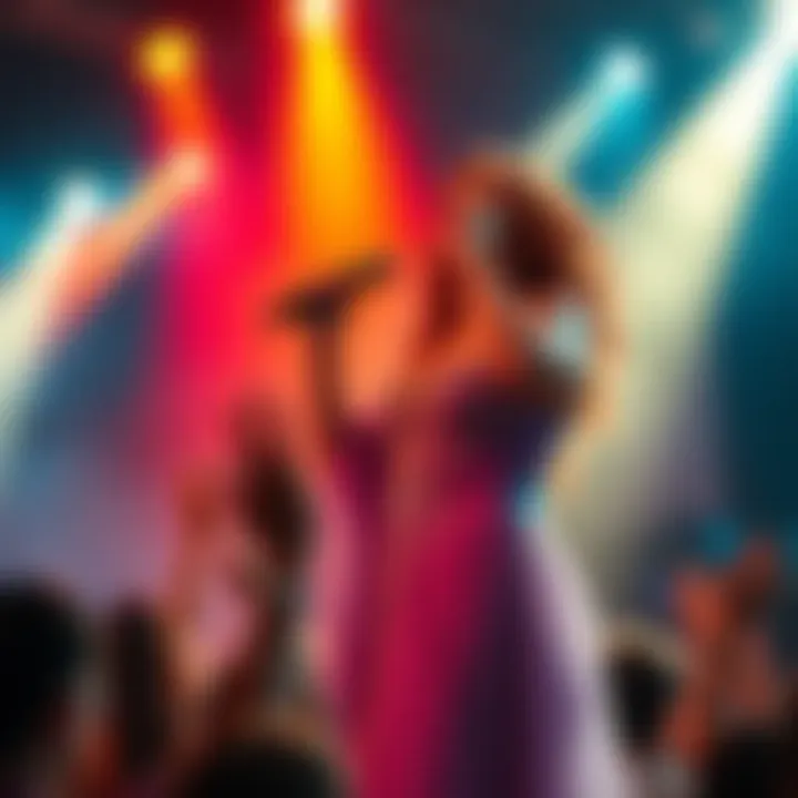 A talented diva sings passionately on stage with bright lights and fans cheering