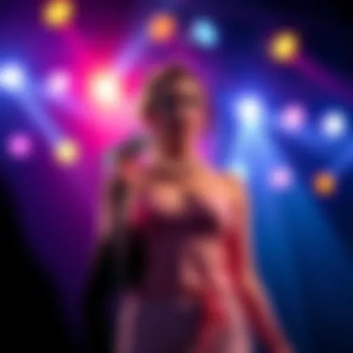 A famous singer holding a microphone, surrounded by colorful stage lights, ready to perform new songs
