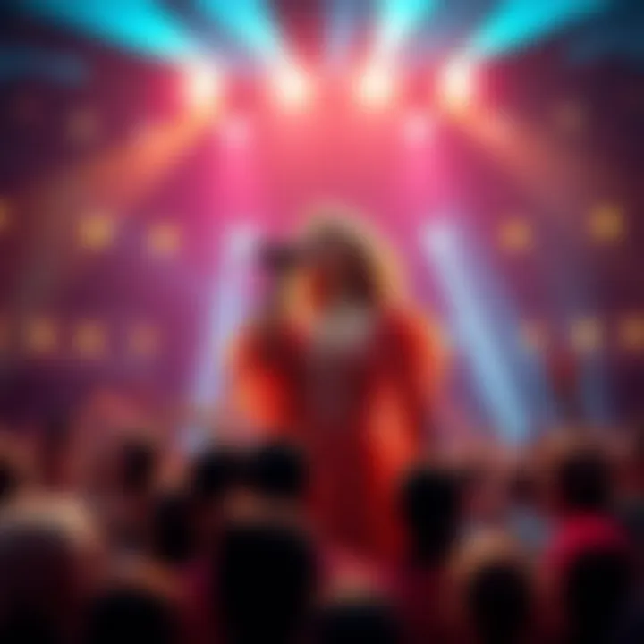 A lively scene of a diva performing on stage at a festival, with colorful lights and an excited crowd.
