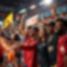 A lively group of fans from different backgrounds, wearing team jerseys and holding banners, cheering together at a sports event.