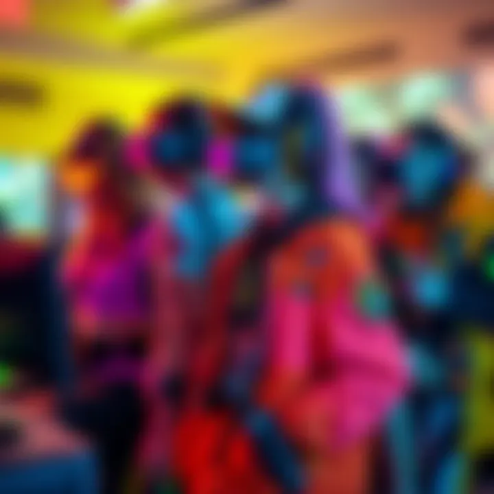 A variety of creative outfits worn by gamers of different genders, showcasing unique styles and vibrant colors in a gaming environment.