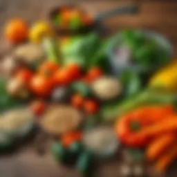 A vibrant spread of fresh vegetables, grains, and herbs arranged on a wooden table, showcasing current food trends and sustainable dining.
