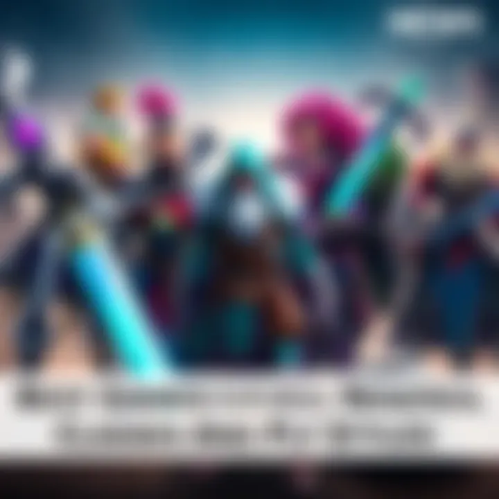 A colorful group of game characters representing various classes like warriors, mages, and archers, each with unique gear and weapons in a fantasy setting.