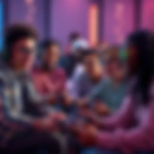 Group of diverse gamers playing together A diverse group of people engaged in playing video games together, showcasing different ages and backgrounds, emphasizing the community aspect of gaming.