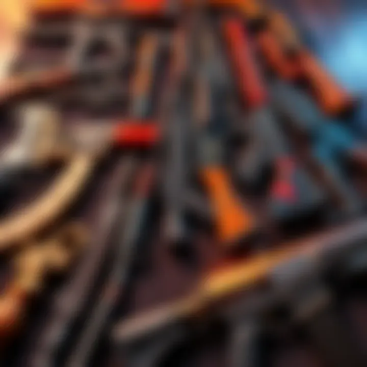 A collection of different weapons laid out, showcasing a variety of deck strategies for maximizing weapon use