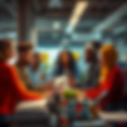 A group of people from various backgrounds working together in an office environment, collaborating on tasks and discussing ideas.