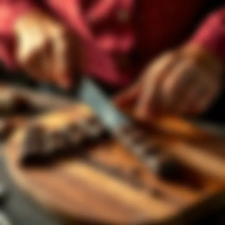 A person using a knife to cut a chocolate bar into six equal pieces on a wooden cutting board