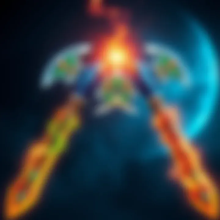 Two battle axes glowing with magical energy, connected by a telepathic bond, representing their divine origins.