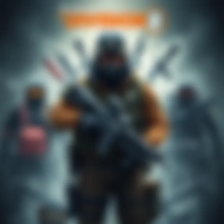 A soldier in Division 2 holding an MP Dark Winter weapon surrounded by various gear sets and equipment