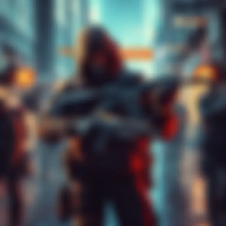 A character in The Division 2 showcasing weapons and gear in an urban setting with enemies nearby.