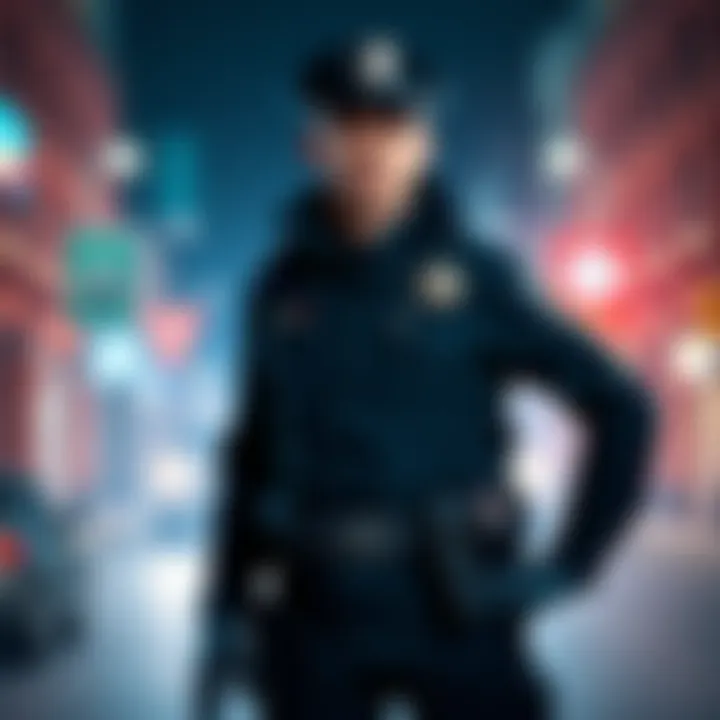 A former Division agent in a police uniform, standing confidently with a badge in hand, symbolizing the shift to a Rookie cop role.