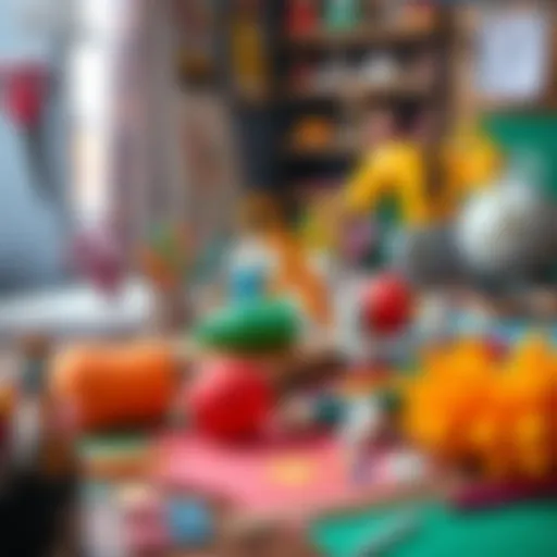A table filled with various crafting materials like scissors, glue, colorful paper, and handmade items.
