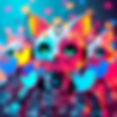 A digital illustration of colorful Twitter logos surrounded by robotic characters, symbolizing the influence of bots on social media discussions.