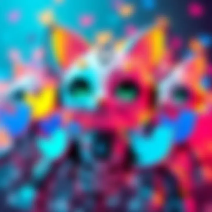 A digital illustration of colorful Twitter logos surrounded by robotic characters, symbolizing the influence of bots on social media discussions.