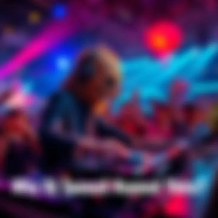 DJ Toenail mixes music at a lively party, surrounded by colorful lights and a cheering crowd.