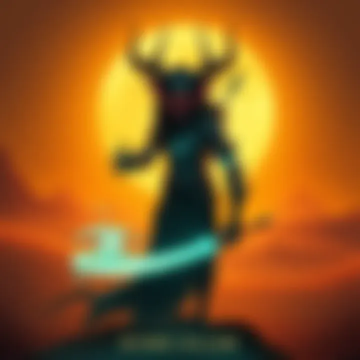 A conceptual art piece showing a Djinni character in a desert setting, highlighting a dark figure with glowing features and mystical elements, with a desert-themed landscape in the background.