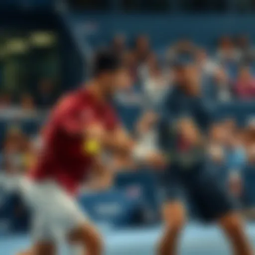 Novak Djokovic and Carlos Alcaraz competing in a tense match at the US Open, with fans cheering in the background