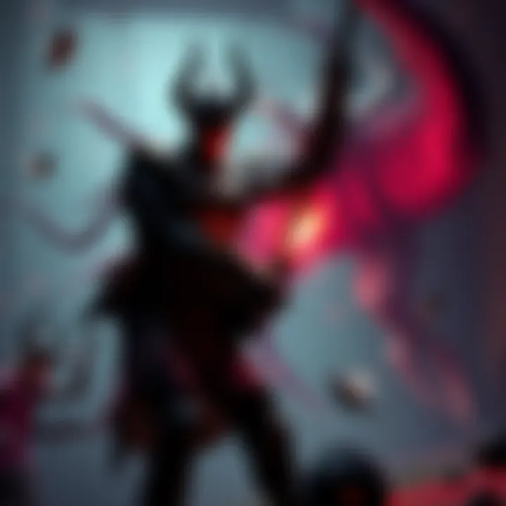 A gamer battling against Markiona, the Puppeteer in a dark game environment, showcasing the intense fight with vibrant visuals and dynamic action.