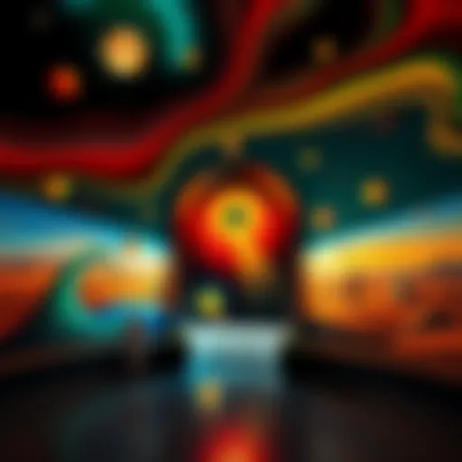 A representation of the DLC entrance design, showing elements reminiscent of Salvador Dali's painting 'Geopoliticus Child Watching the Birth of the New Man', featuring surreal shapes and vibrant color...