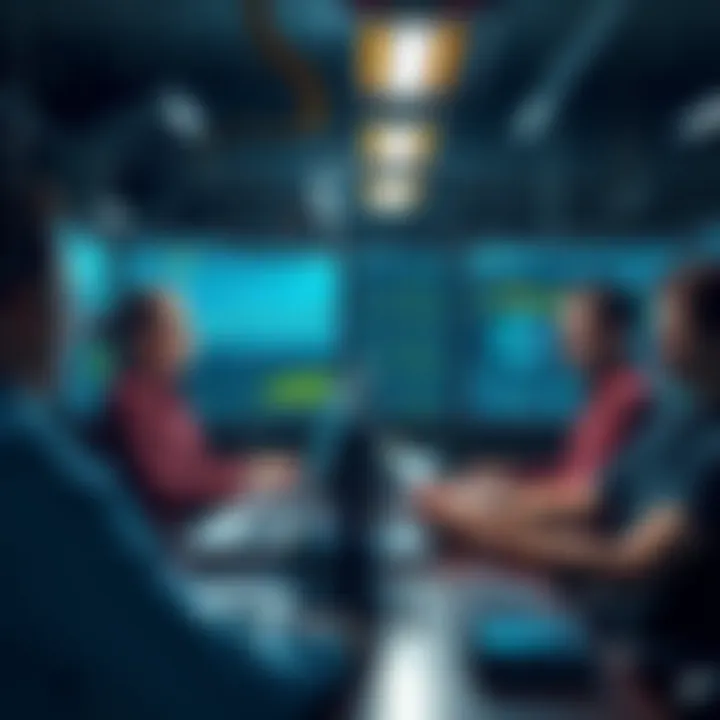 A team of engineers discussing the latest features of the DlQ 33 build process with computer screens displaying data and diagrams.