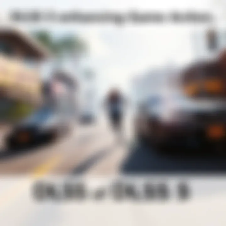 A scene from a video game showing improved rendering of moving objects due to DLSS 5 technology, featuring a character running and vehicles in motion.