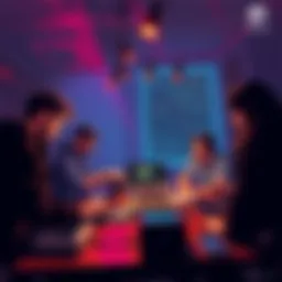 A tabletop game scene with a DM adjusting audio equipment and players engaged around the table