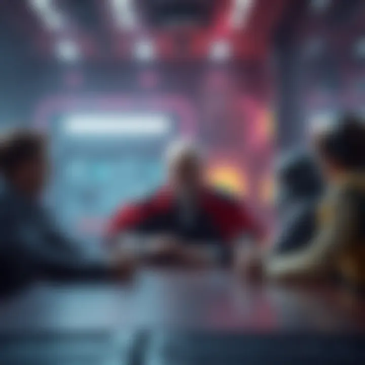 DM Apologizes to Players A DM sits at a table looking concerned as players discuss an interrupted game moment in a sci-fi setting.