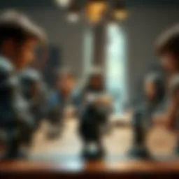 A Dungeon Master with a notebook discusses combat strategies with a group of players at a table, featuring various character miniatures like a barbarian and a cleric