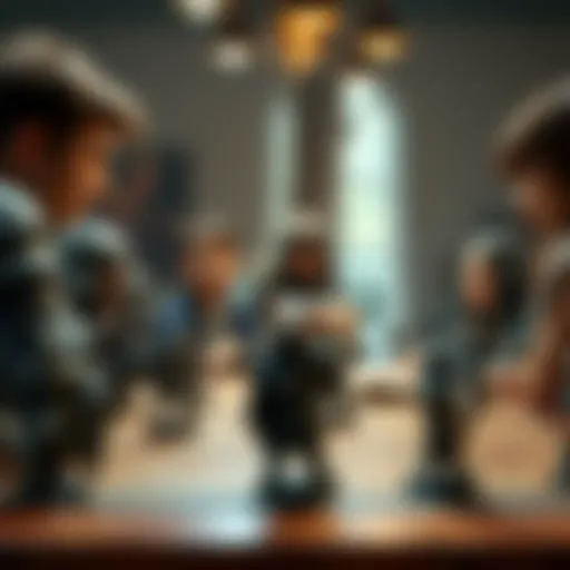 A Dungeon Master with a notebook discusses combat strategies with a group of players at a table, featuring various character miniatures like a barbarian and a cleric