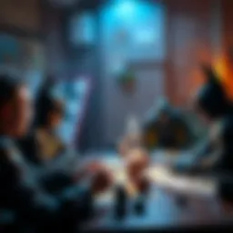 A game master talking to players about managing Batman-like characters in a Dungeons & Dragons session, with character sheets and dice on the table.