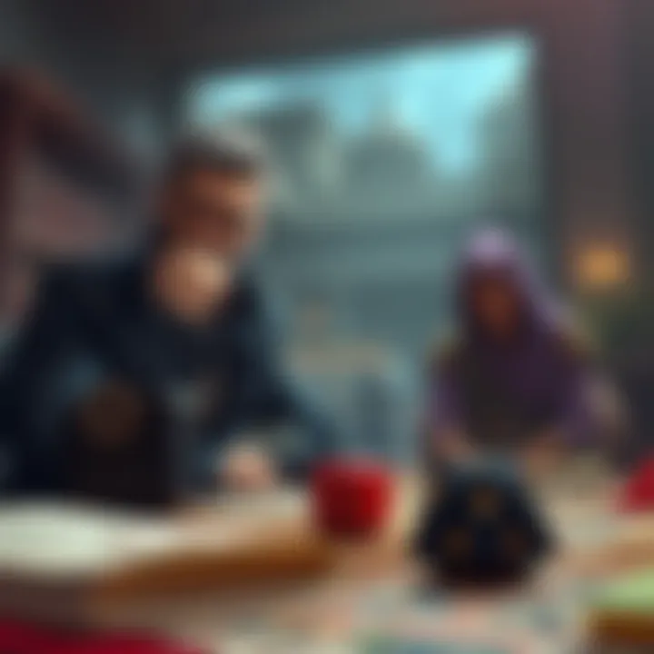 A tabletop RPG DM looks thoughtful with dice and character sheets on the table, pondering whether to grant players a level after a long campaign.