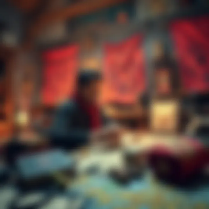 A Dungeon Master surrounded by game materials, maps, and dice, focused on planning a session