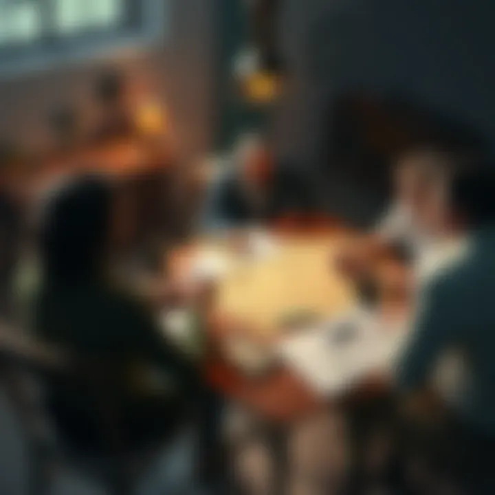 A dungeon master discussing campaign homework with players around a table, with maps and notes scattered on the surface.