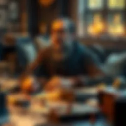 A dungeon master sits at a table with game materials, looking thoughtful while planning a role-playing game session.