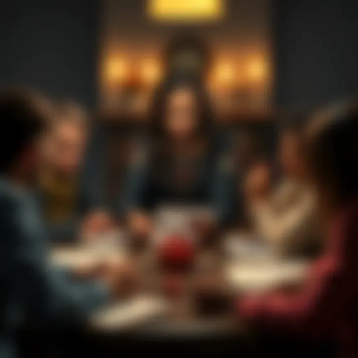 A young woman acting as a Dungeon Master, engaging a group of players around a table with dice and character sheets during a roleplaying game session.