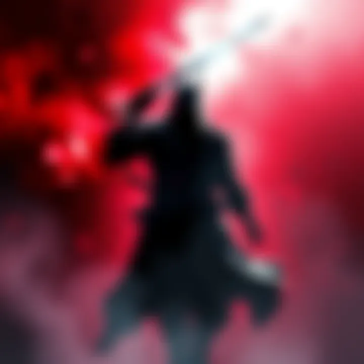 A digital art piece showing a dark and stylized scene representing the DMC universe, featuring a shadowy figure with a sword in an action pose, hinting at an upcoming announcement.