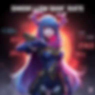 A digital art representation of DMon, a strong character with a confident pose, surrounded by gaming stats highlighting her low ban rate and high win rate.