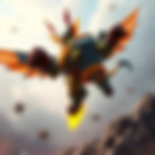 A concept art of a flying melee tank character for D.Mon, showcasing innovative gameplay mechanics with a focus on new HP types.
