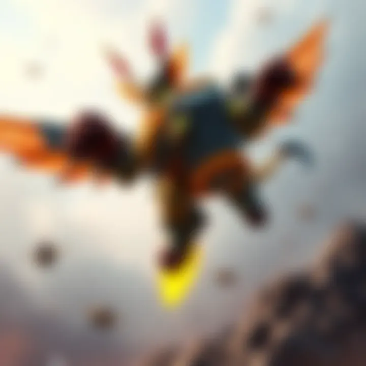 A concept art of a flying melee tank character for D.Mon, showcasing innovative gameplay mechanics with a focus on new HP types.