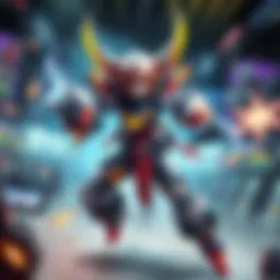 D.Mon showcasing her enhanced abilities while in battle, highlighting her mech form with visible power effects, and a backdrop of a competitive gaming arena.